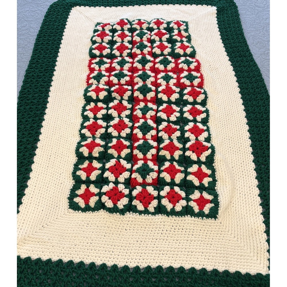 Granny Square Afghan Crochet‎ Throw Christmas Red Green Handmade 28.5" x 44"